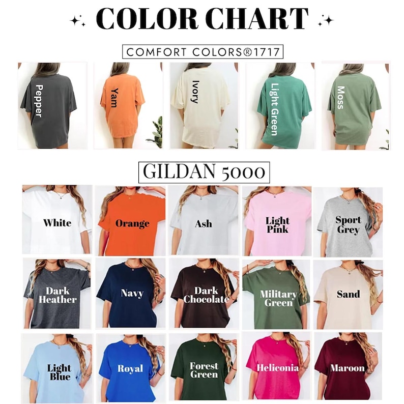 May include: A color chart displaying various t-shirt options. The top section shows Comfort Colors 1717 in Pepper, Yam, Ivory, Light Green, and Moss. The bottom section shows Gildan 5000 in White, Orange, Ash, Light Pink, Sport Grey, Dark Heather, Navy, Dark Chocolate, Military Green, Sand, Light Blue, Royal, Forest Green, Heliconia, and Maroon.