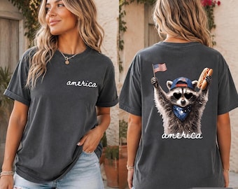 America Raccoon Hot Dog T-Shirt 2-side, 4th of July Raccoon Shirt, Patriotic American Flag Tee, Women's Retro USA Animal Shirt