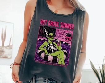 Hot Ghoul Summer Tanktop Spooky halloween Girl In Floaty, Summer Goth Summerween Tank Top, Summer Tees