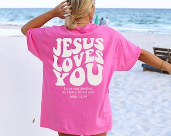 Camiseta cristiana "Jesús te ama", sudadera con capucha con versículo bíblico, sudaderas cristianas, camiseta de Jesús, sudadera con capucha de iglesia, camiseta con la palabra en la espalda