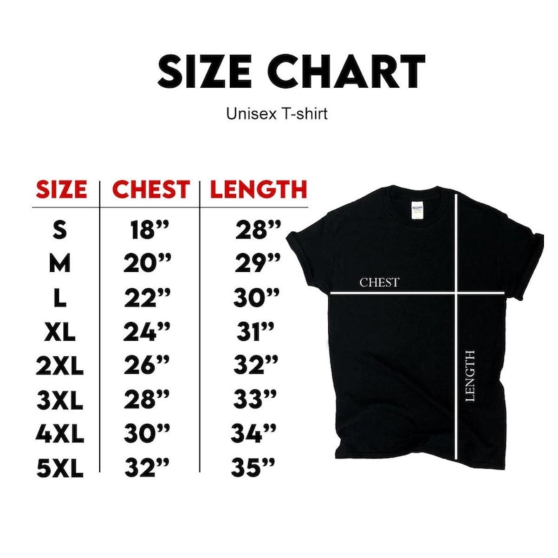 May include: A black unisex t-shirt size chart with text reading SIZE CHART, Unisex T-shirt, SIZE, CHEST, and LENGTH. The chart lists sizes S through 5XL with corresponding chest measurements from 18 inches to 32 inches and lengths from 28 to 35 inches.
