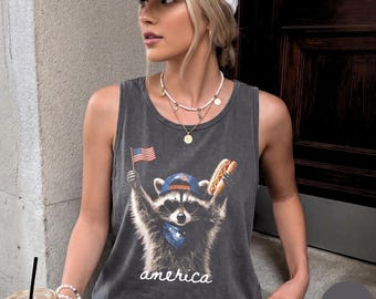 Feral & Free Racoon Tank Top, 4th of July Shirt, USA Independence Day Tank Top, Funny Raccoon Tee, Patriotic Shirt