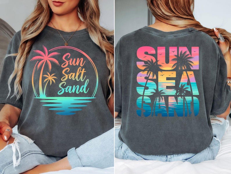 Puede incluir: Camiseta gris oscuro con un dise&ntilde;o colorido. En la parte delantera, "Sun Salt Sand" con palmeras y olas. En la espalda, "Sun Sea Sand" con palmeras y un atardecer, ideal para el verano y la playa.