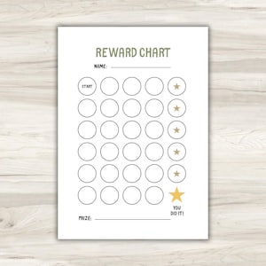 May include: A white reward chart with the text "REWARD CHART" in olive green. It has circles for tracking progress, gold stars, and the words "YOU DID IT!" at the bottom. There are lines for "NAME:" and "PRIZE:"