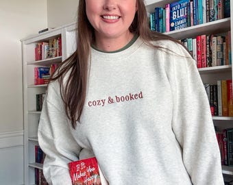 Cream Cozy & Booked Embroidered Crewneck: Customizable Thread Color | Seasonal Sweeatshirt