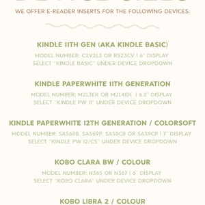 May include: An informational chart titled DEVICE SIZES listing e-reader inserts for Kindle 11th Gen, Paperwhite 11th and 12th Gen, and Kobo Clara and Libra models. It includes model numbers, display sizes in inches, and dropdown selection instructions.