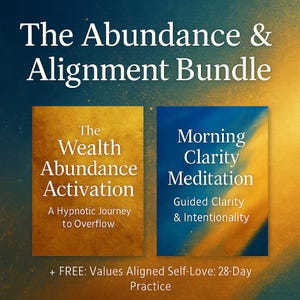 May include: An image promoting "The Abundance & Alignment Bundle." It features two rectangular graphics: "The Wealth Abundance Activation" and "Morning Clarity Meditation." The text "+ FREE: Values Aligned Self-Love: 28-Day Practice" is also included.