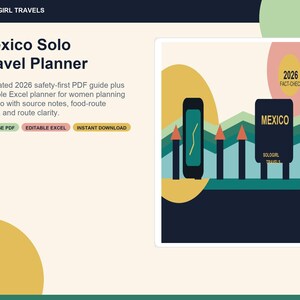 以下が含まれることがあります： 2026年メキシコ一人旅プランナー。23ページのPDFガイドと編集可能なExcelファイルが含まれています。グラフィックにはスマートフォン、MEXICOと書かれた看板、2026 FACT-CHECKEDというテキストが幾何学模様の背景に描かれています。