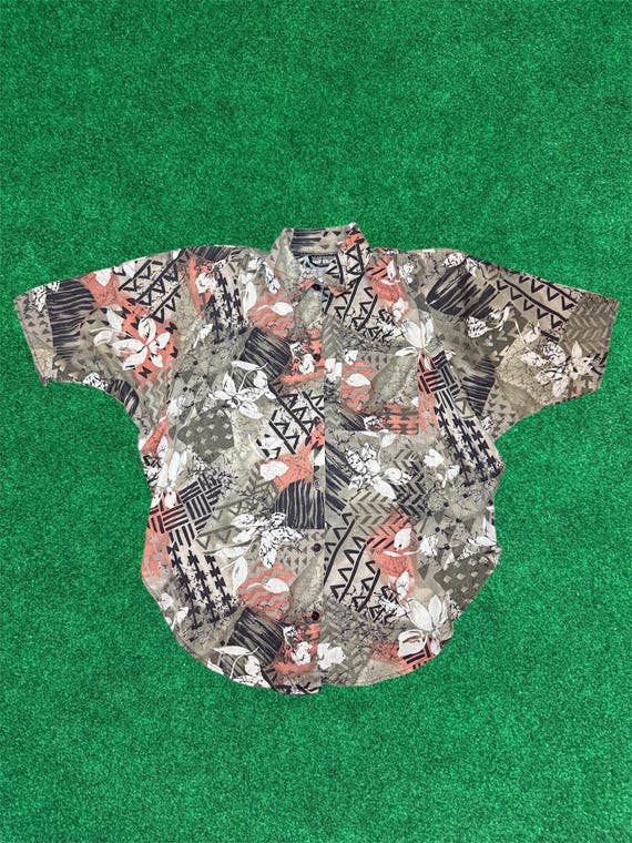 Aztec Hawaian mixed print 80s Button down W/ shou… - image 1