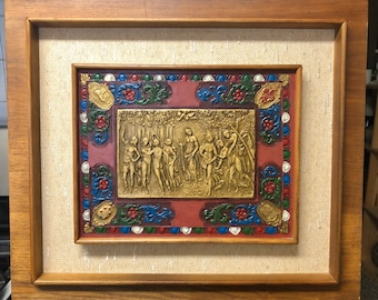 Mid Century Hand Painted Embossed Leather Wall Art Framed Picture 21.5” x 24.5”