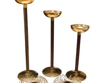 Mid Century Candle Stick Votive Holder Lot Brass Wood