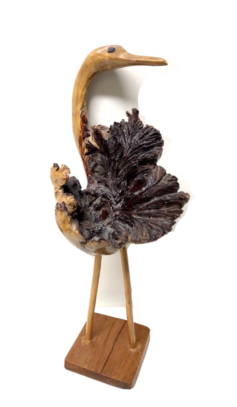 Mid Century Hand Carved Burl Wood Stork Flamingo Duck Crane Animal Folk Art Sculpture
