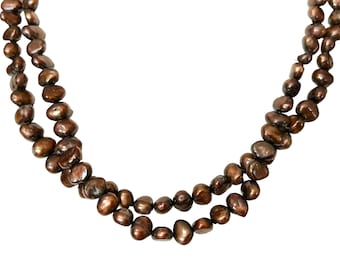 Chocolate Brown Baroque Double Strand Freshwater Pearl 925 Sterling Necklace 18”