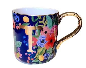 Rifle Paper Co. For Anthropologie Coffee Cup Mug Golden "T” Monogram Initial