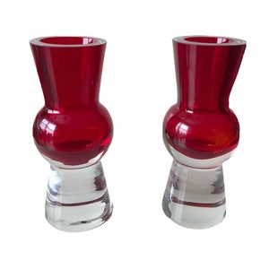 Vintage Mid Century Candle Holder Red Clear Glass Crystal 6” Set Unsigned