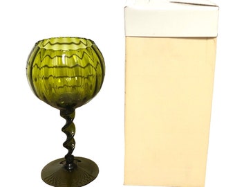 Mid Century Empoli Green Optic Art Glass Hand Blown Twisted Stem Pedestal Bowl
