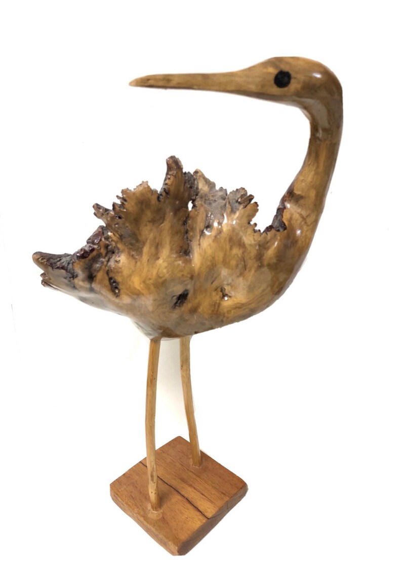 Mid Century Hand Carved Burl Wood Stork Flamingo Duck Crane Animal Folk Art Sculpture