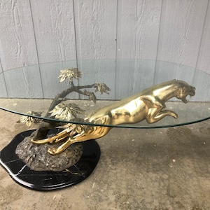 French 1970s Cast Bronze Glass Jaguar Panther Coffee Table W/Original Glass Top