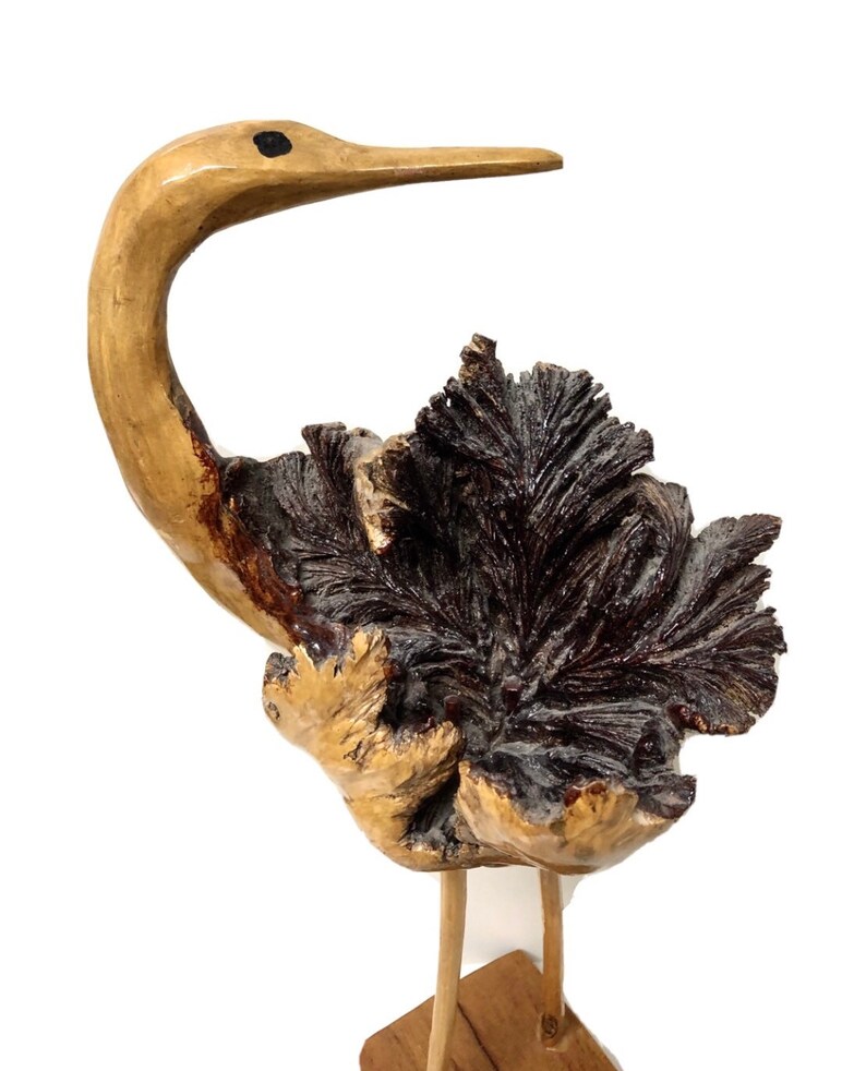 Mid Century Hand Carved Burl Wood Stork Flamingo Duck Crane Animal Folk Art Sculpture