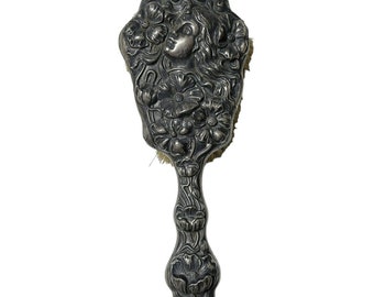 Art Nouveau Repousse Lady Floral Flowers Sterling Silver Brush HIGH RELIEF