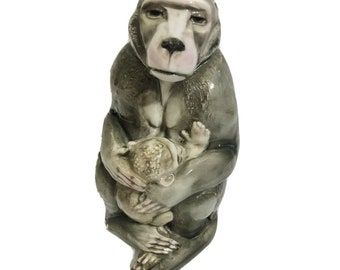 Guido Cacciapuoti Capodimonte Italian Antique Porcelain Baboon Monkey Mother