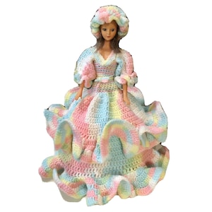 Vtg Barbie Doll Knitted Scalloped Dress Toilet Tissue Holder Paper Cover Rainbow