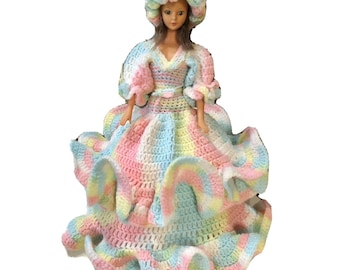 Vtg Barbie Doll Knitted Scalloped Dress Toilet Tissue Holder Paper Cover Rainbow