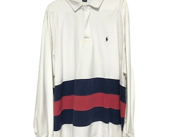 Vtg USA Polo Ralph Lauren Stripe Shoulder Rugby Shirt XL Off White Navy Blue Red