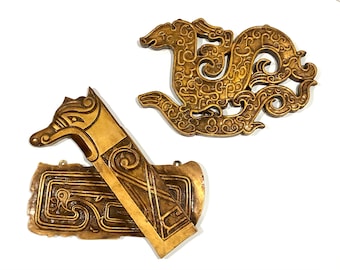 Mid Century Gilded Solid Wood Horse and Dragon Wall Art Sculpture
