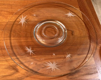 Mid Century Glass Platter Modern Large Round Translucent Atomic Starburst 14”