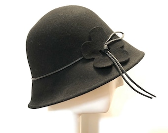 Black 100% Wool Bucket Hat With Leather And Flower Trim Accent