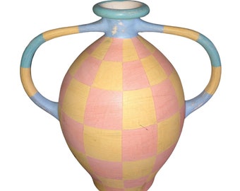 Italian Pottery Hand Painted Checkered Orciolo Vase Made In Italy Guild Master