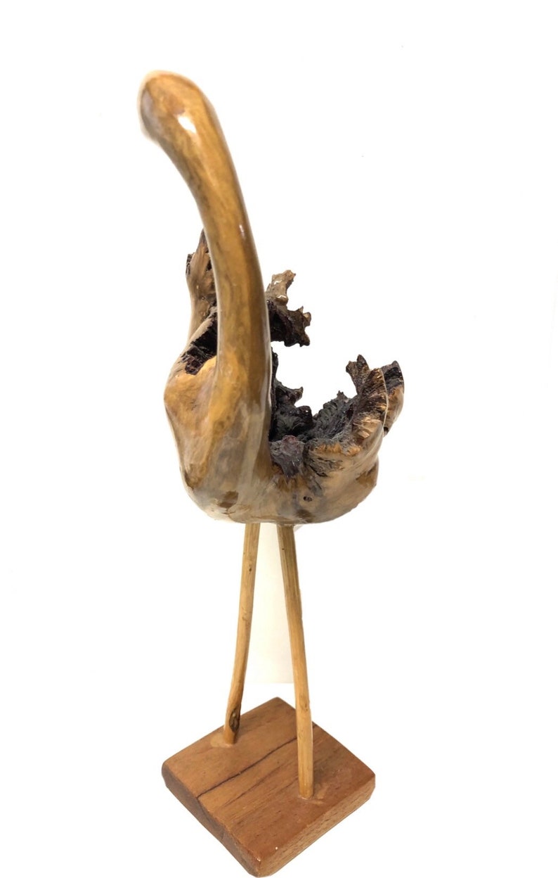 Mid Century Hand Carved Burl Wood Stork Flamingo Duck Crane Animal Folk Art Sculpture