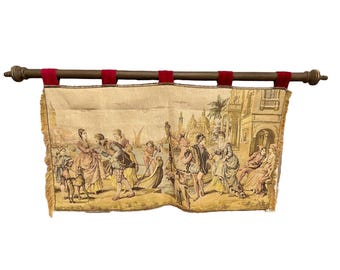European Renaissance Tapestry Wall Art Hanging 38” With 48” Rod Red Felt Back
