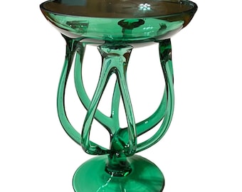 Hand Blown Green Art Glass Ball Candle Holder Dish Octopus Mid Century 6”