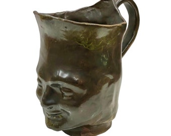 Vintage Folk Art Pottery Face Mug 1860’s Manganese? Treacle? Glaze