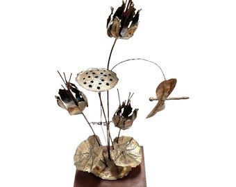 MCM Brutalist Sculpture Metal On Wood Dragonfly Curtis Jere Style