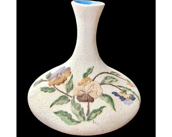 Hand Painted Textured Pottery Vase Floral Signed EA 1970s