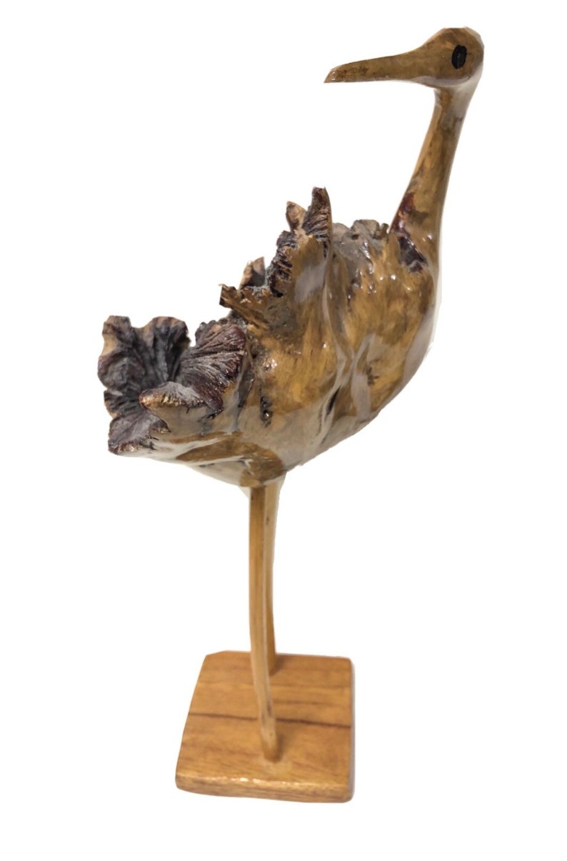 Mid Century Hand Carved Burl Wood Stork Flamingo Duck Crane Animal Folk Art Sculpture