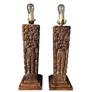 1960’s Honduras Mahogany Mayan Totem Lamps Tiki Wood Wooden Mid Century