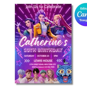Kpop Demon Hunters Birthday Invitation Template Editable Canva Template | Kpop Anime Invite | Digital Download | Printable Card for Kids
