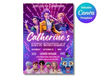 Kpop Demon Hunters Birthday Invitation Template Editable Canva Template | Kpop Anime Invite | Digital Download | Printable Card for Kids