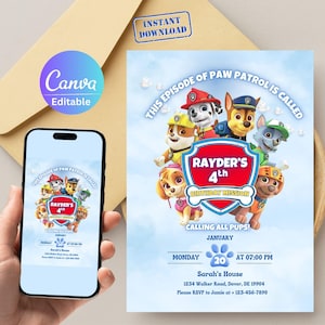 Paw Patrol Einladungskarten zum Geburtstag 5x7 Digitale Datei | Bearbeitbar Kinder Party einladen | Chase Marshall Skye Thema | Sofortiger Download zum Ausdrucken