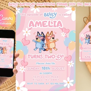 Pink Bluey Birthday Invitation for Girls, Bluey TWOEY Birthday Invitation, Instant Download, Personalized Bluey Party Invite