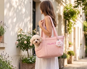 Personalized Quilted Pet Carrier Tote Bag with Custom Name Embroidery for Dogs and Cats