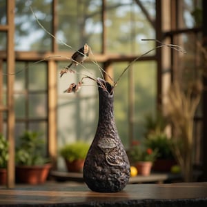 Puede incluir: Un jarrón marrón oscuro texturizado con un cuello estrecho y un diseño decorativo de flor de loto. El jarrón contiene delicadas ramas con pequeñas flores secas. Un pequeño pájaro se posa en las ramas.