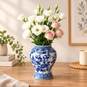 Peut inclure: Un vase en céramique bleu et blanc avec un corps arrondi et une base évasée, orné de motifs floraux et de vignes bleus complexes. Le vase est rempli d'un bouquet de fleurs d'eustoma blanches et de plusieurs roses rose pâle sur tiges vertes.