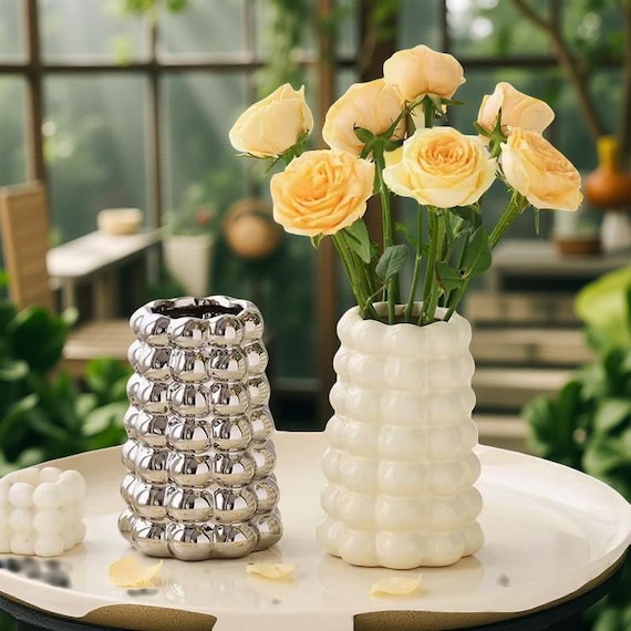 White Ceramic Vase: Nordic Minimalist Home Decor, Silver Accents