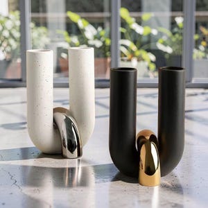 May include: Two modern vases, one white with speckled texture and a silver accent, the other black with a gold accent. The vases have a unique U-shaped design, perfect for home decor.