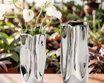 Galvanized Silver Ceramic Vase – Irregular Modern Art Flower Decor